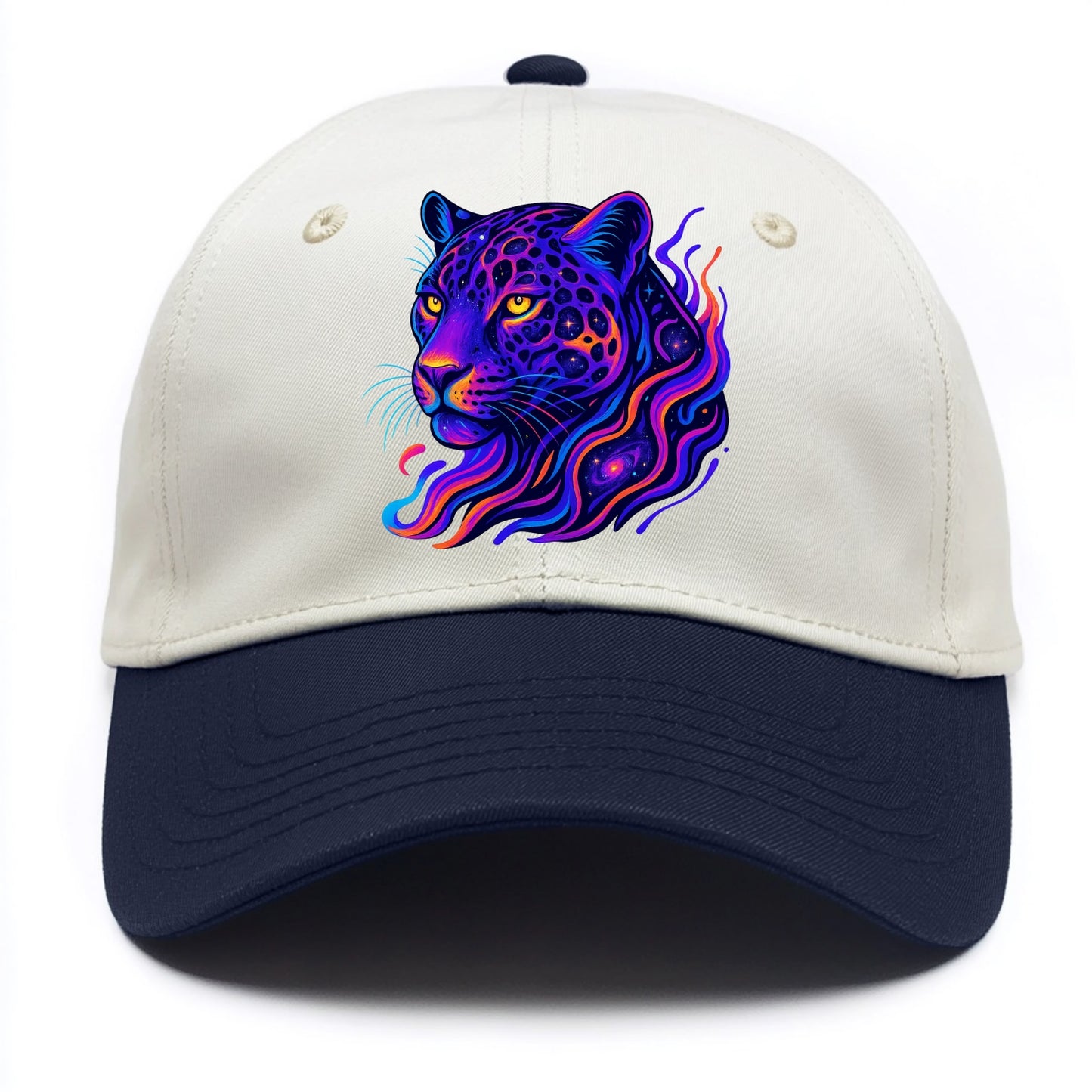 Powerful jaguar with rosettes containing miniature galaxies, cosmic purple and - Two Tone Cap - Navy