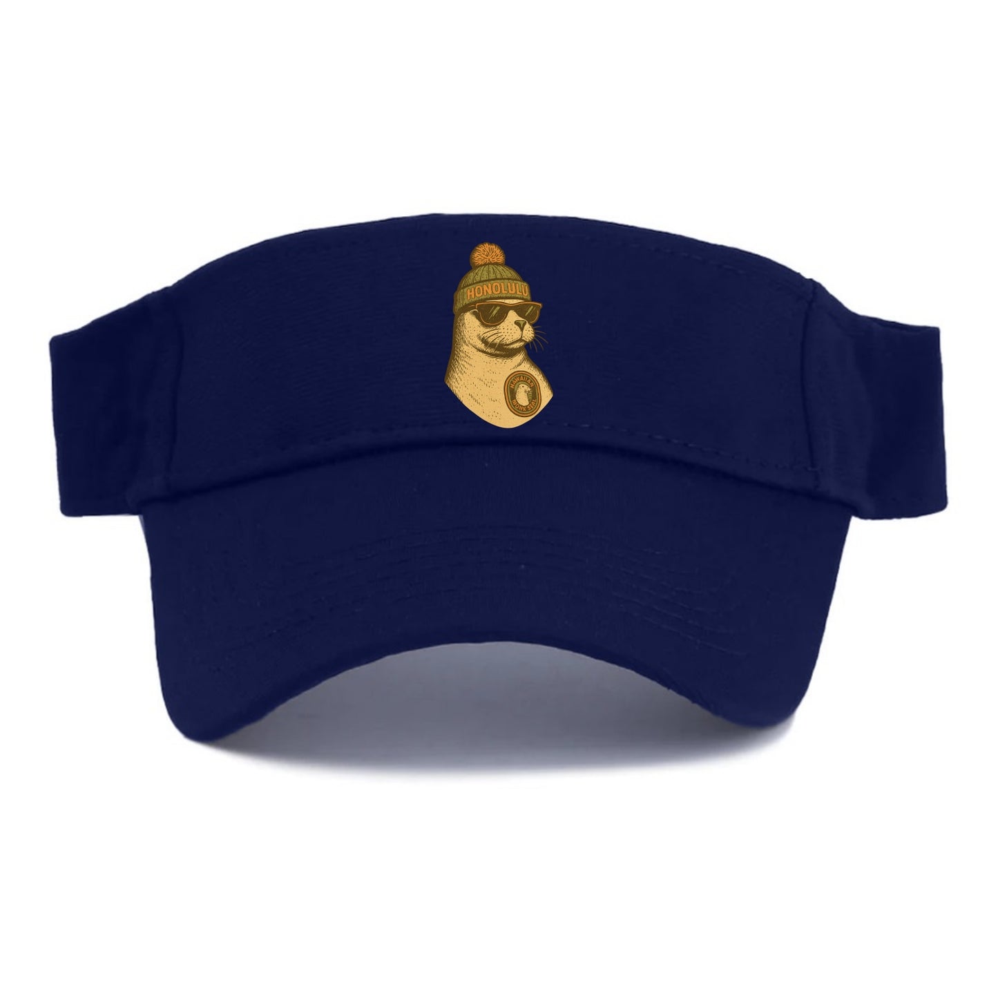 Hawaii Monk Seal wearing Honolulu beanie with pom pom and wayfarer sunglasses - Visor - Navy