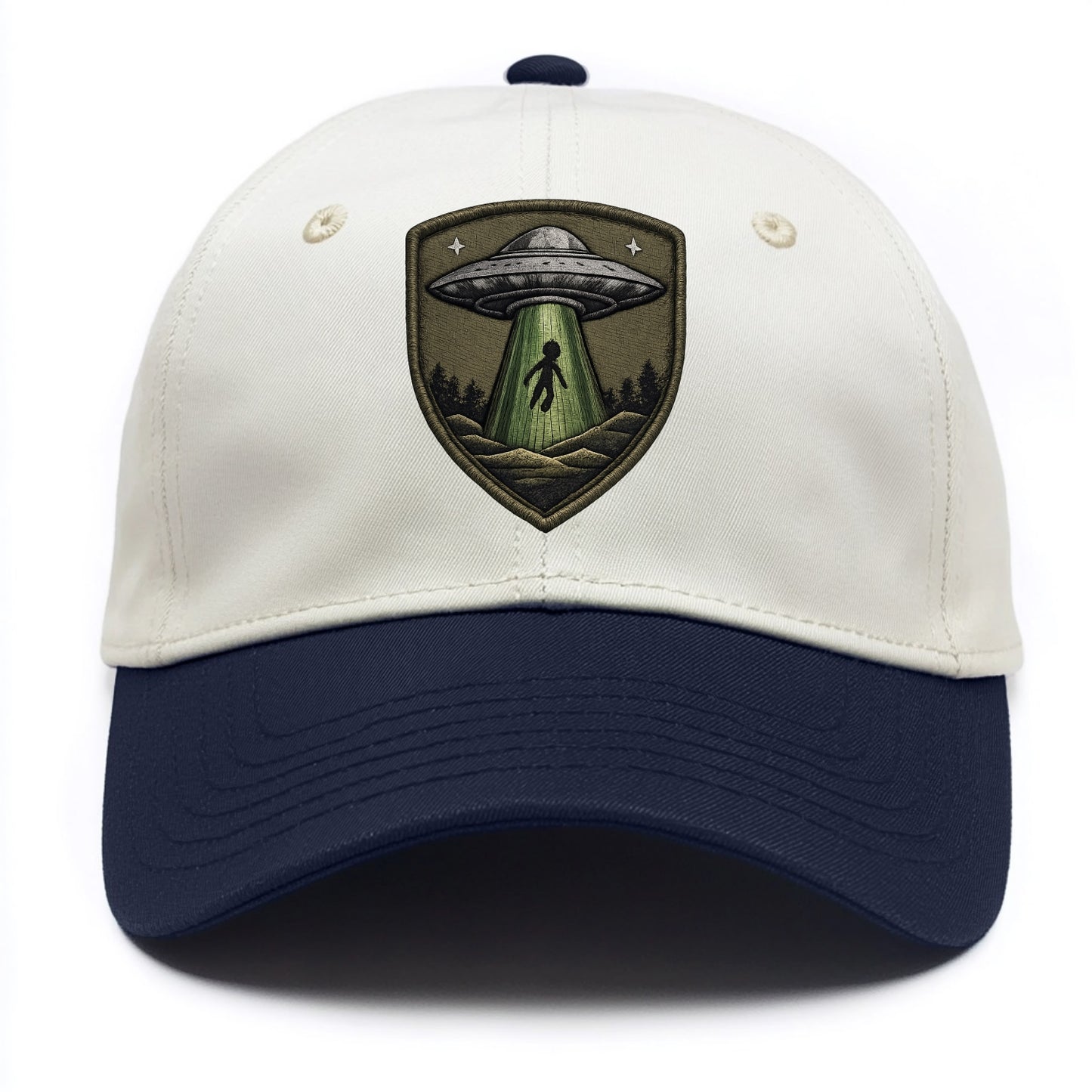 UFO ALIEN - flying saucer with beam in silver and green , extraterrestrial - Two Tone Cap - Navy
