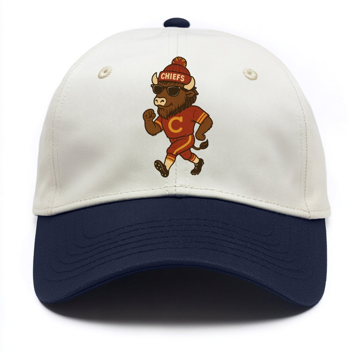 KC Bison wearing Chiefs beanie with arrowhead patch and wayfarer sunglasses - Two Tone Cap - Navy