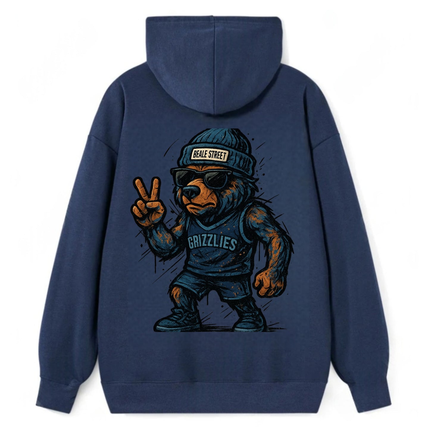 Memphis Grizzly Bear wearing Grizzlies navy and light blue beanie with - Classic Pullover Hoodie - Navy