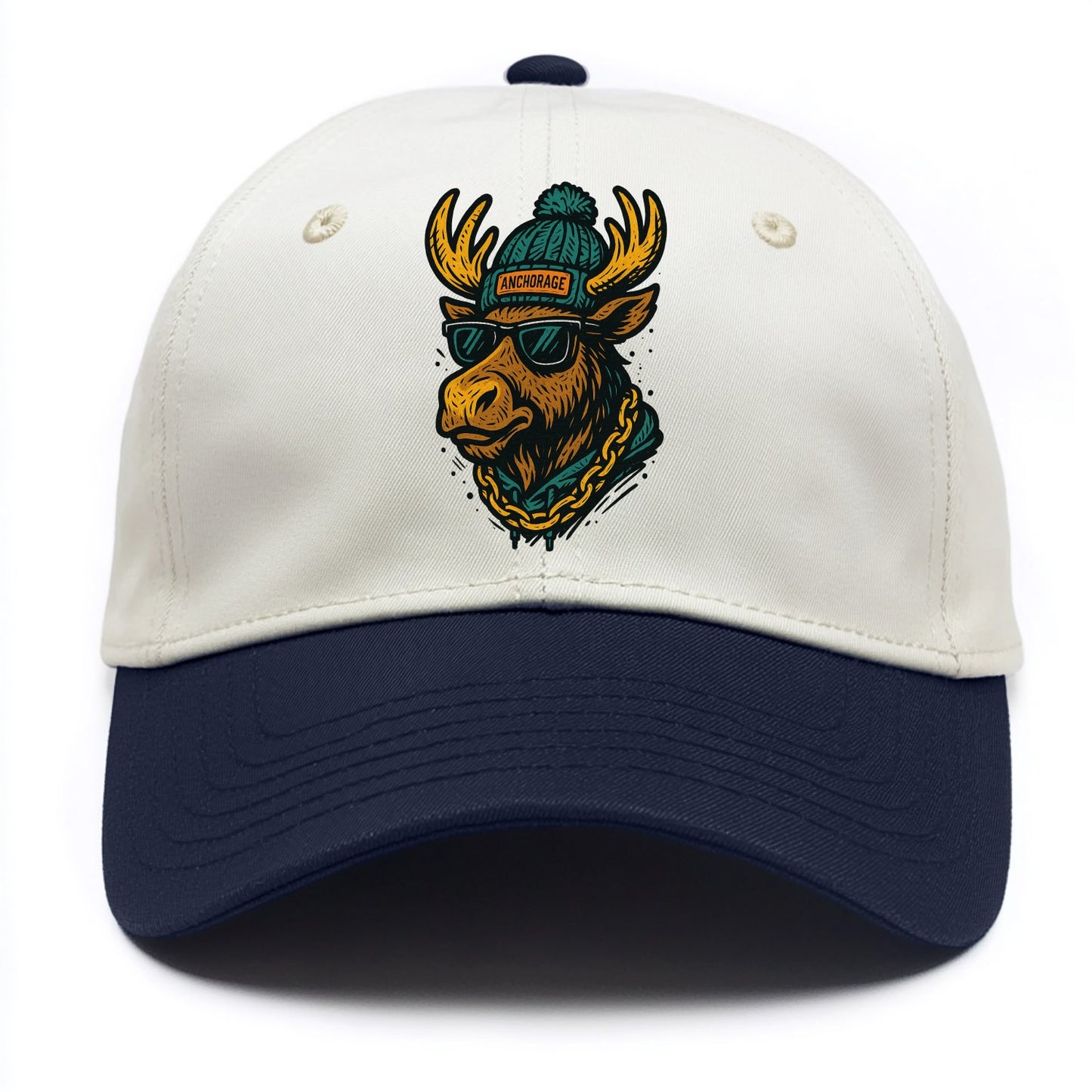 Alaska Moose wearing Anchorage beanie with pom pom and wayfarer sunglasses - Two Tone Cap - Navy