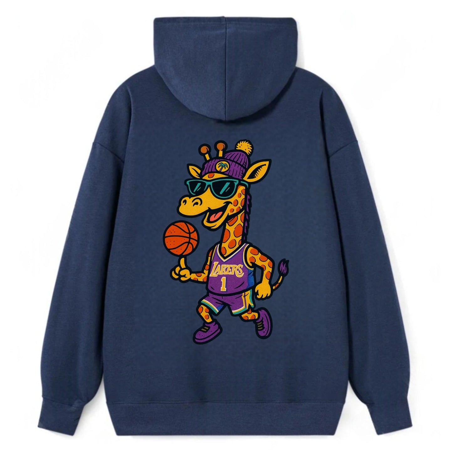 California Giraffe wearing Lakers beanie with palm tree patch and - Classic Pullover Hoodie - Navy
