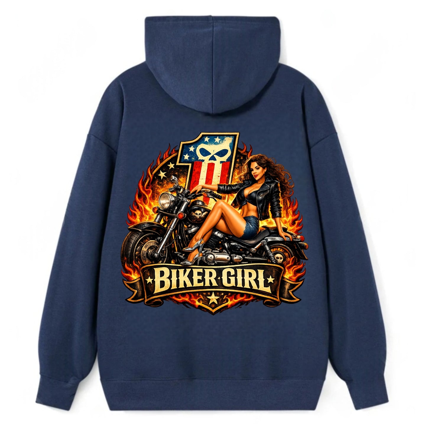 Vintage Biker Pin Up - Classic Pullover Hoodie - Navy