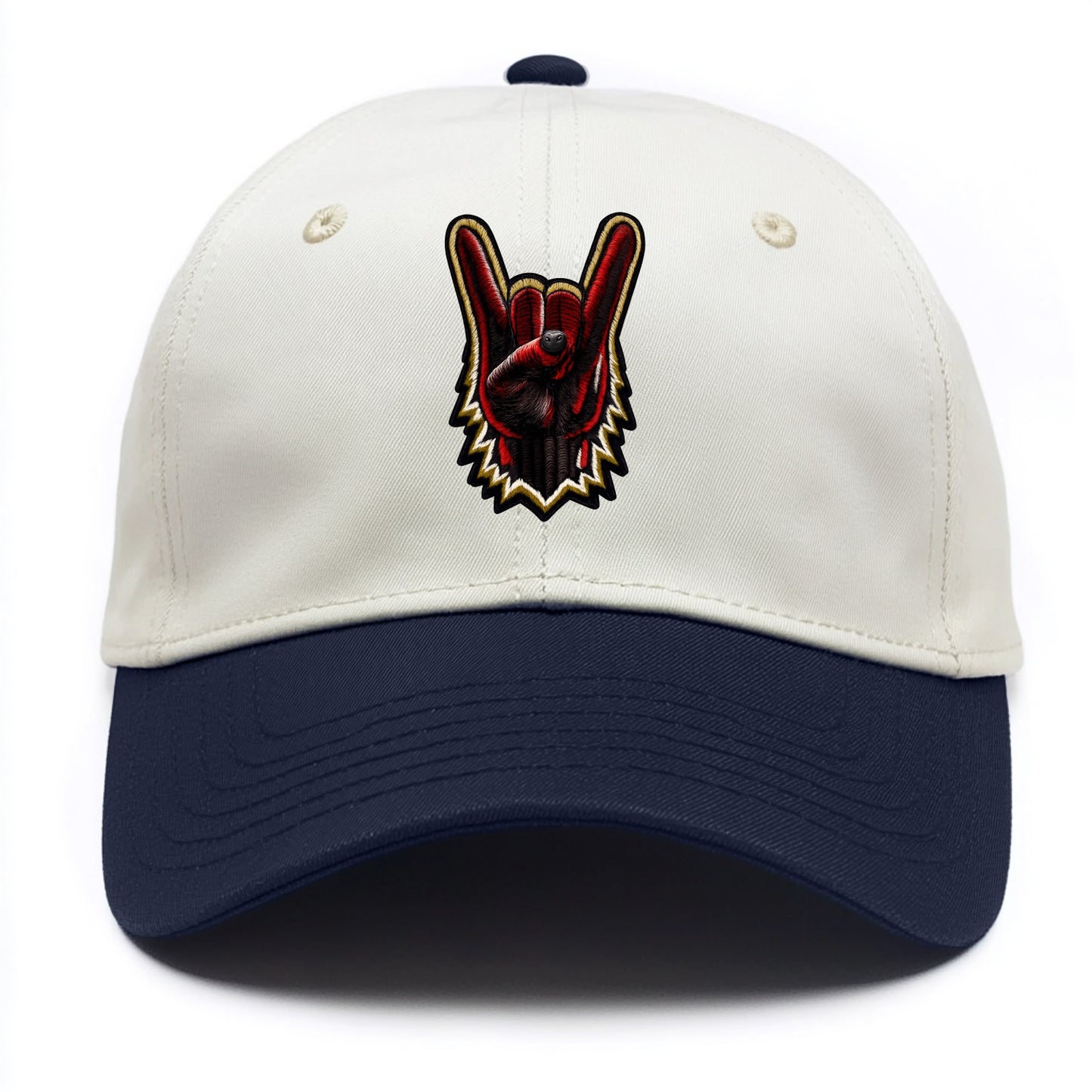 ROCK HAND HORNS - devil horns hand gesture in black and red , metal music - Two Tone Cap - Navy