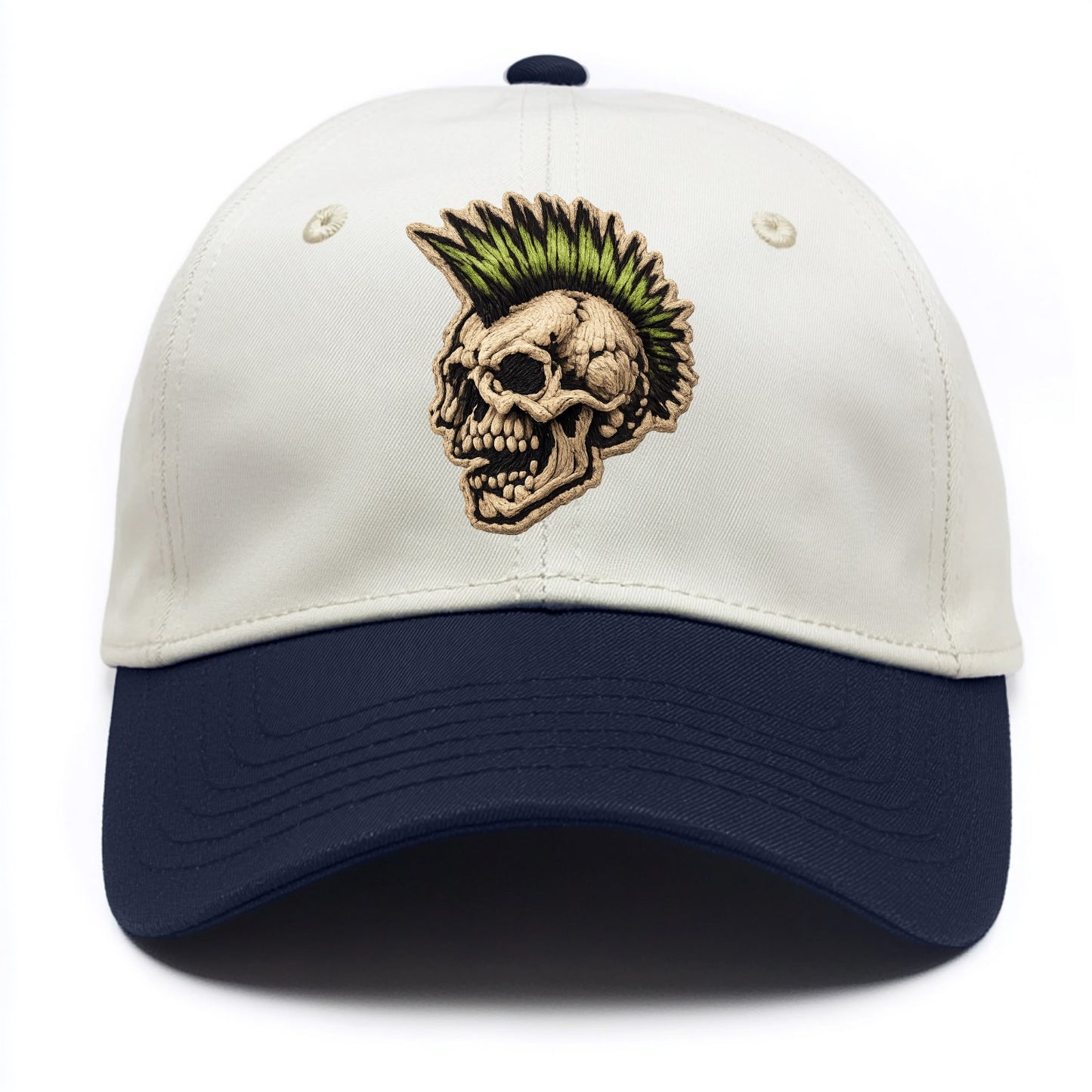 MOHAWK SKULL - punk skull with mohawk in neon green and black , punk rock - Two Tone Cap - Navy