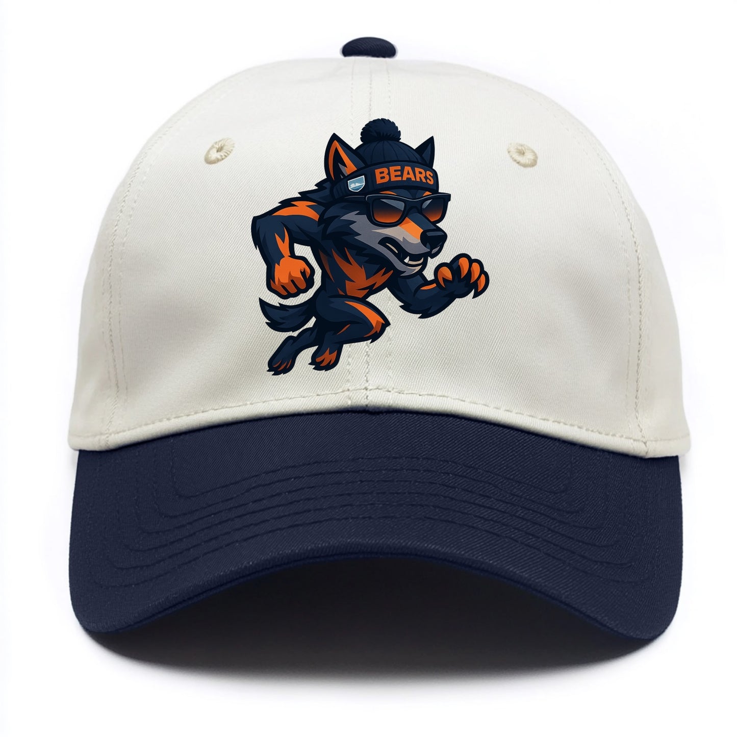 Chicago Wolf wearing Bears beanie with Lake Michigan patch and wayfarer sunglasses - Two Tone Cap - Navy