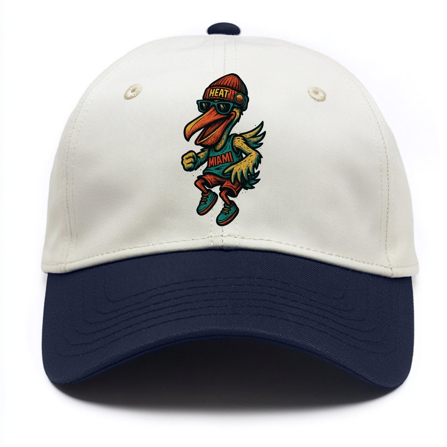 Miami Pelican wearing Heat beanie with sunset patch and wayfarer sunglasses - Two Tone Cap - Navy