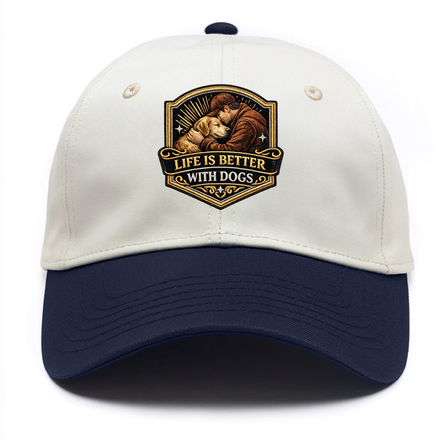 LIFE IS BETTER WITH DOGS - dog and human in brown , dog lover - Two Tone Cap - Navy