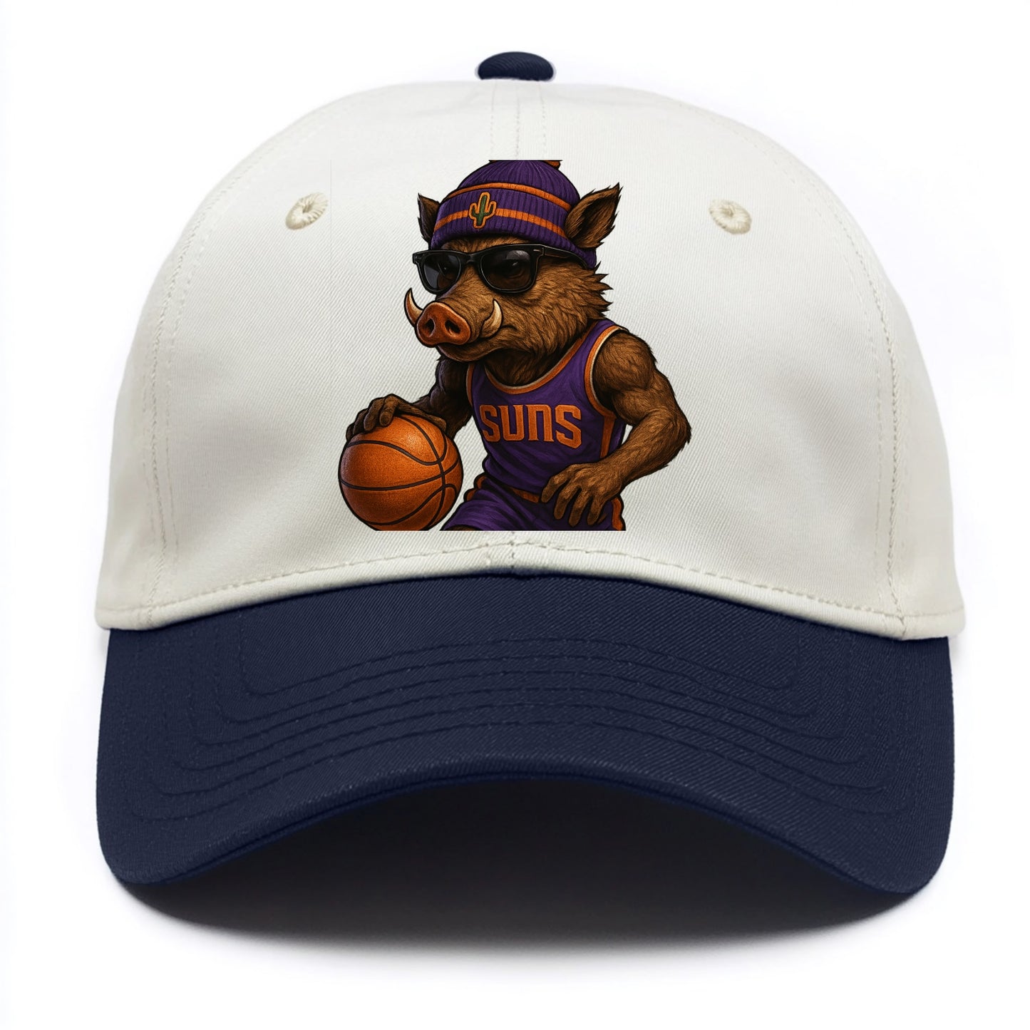 Phoenix Javelina wearing Suns beanie with cactus patch and wayfarer sunglasses - Two Tone Cap - Navy