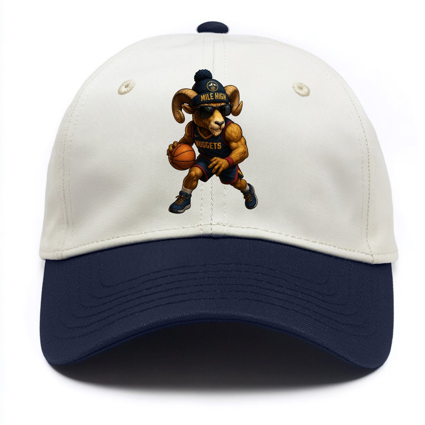 Mile High Bighorn wearing Nuggets beanie with mountain patch and wayfarer sunglasses - Two Tone Cap - Navy