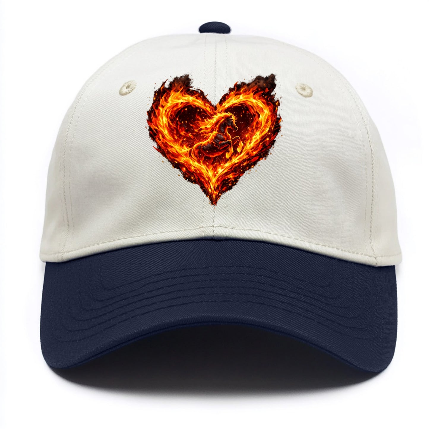 HEART OF FIRE | Flaming heart with horse silhouette inside | Passion embodied | Love - Two Tone Cap - Navy