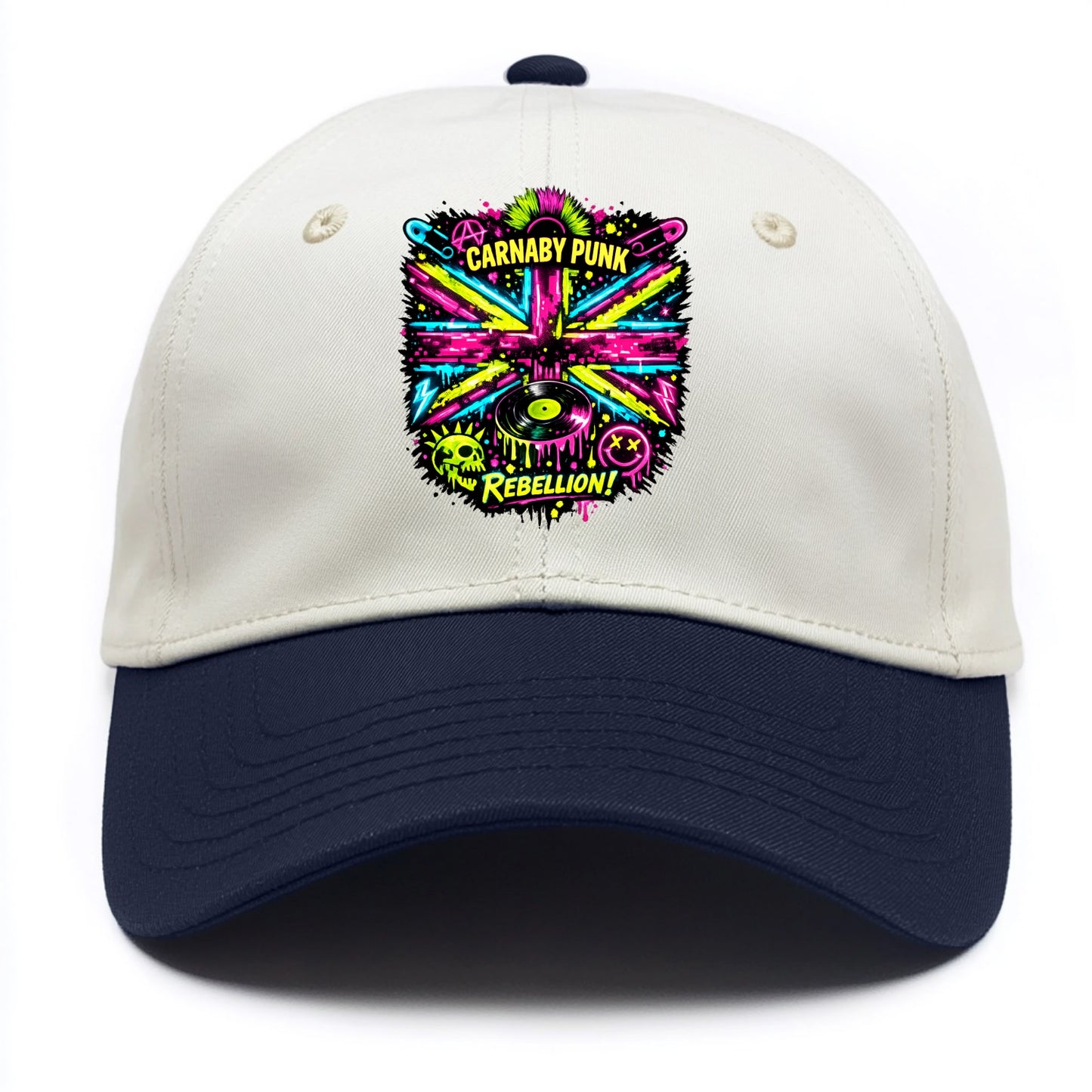 CARNABY PUNK | Swinging 60s meets 70s punk | Psychedelic Union Jack pattern | Bold - Two Tone Cap - Navy