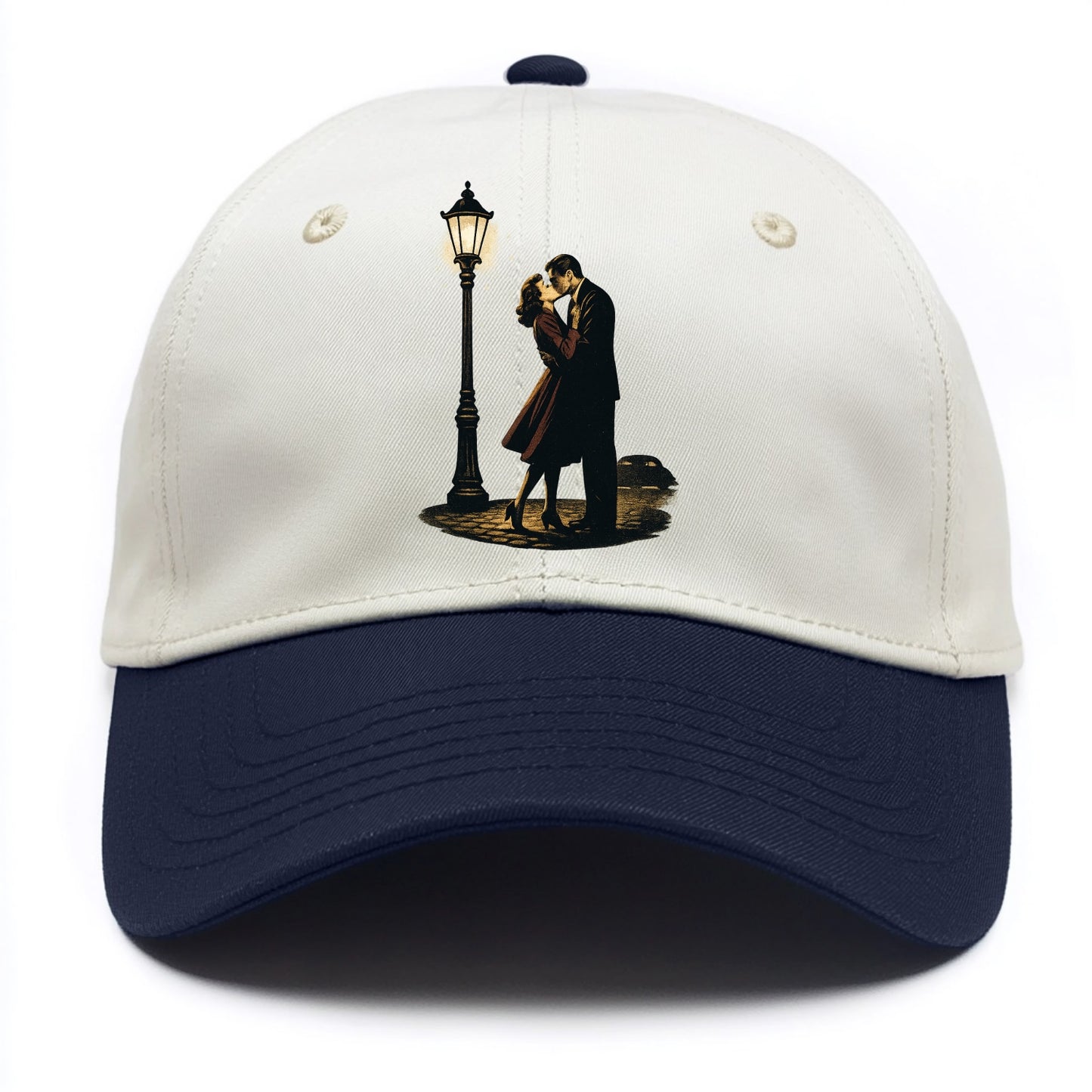 first kiss under vintage street lamp on cobblestone at night - Two Tone Cap - Navy