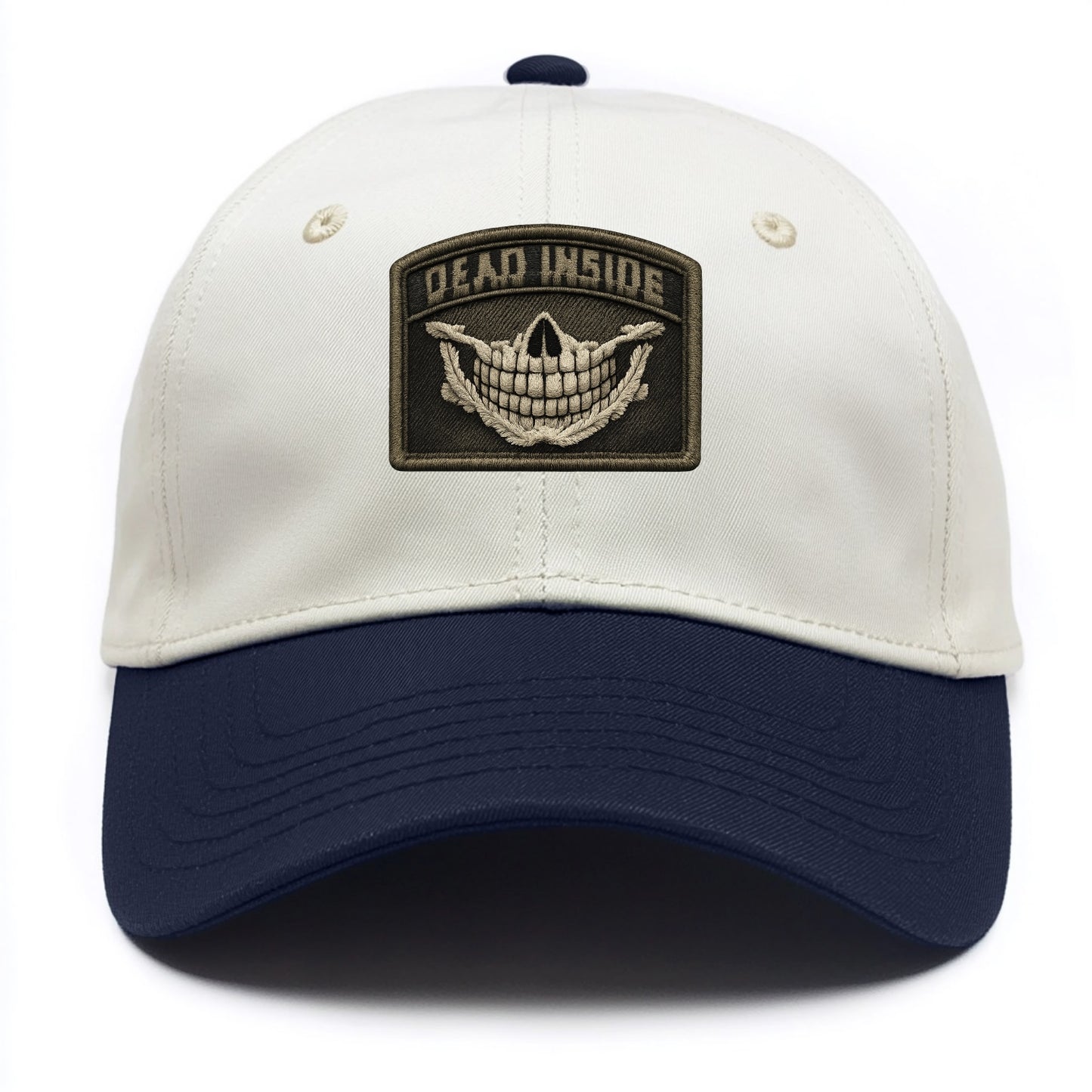 DEAD INSIDE SMILE - skeleton smile in white , dark humor - Two Tone Cap - Navy