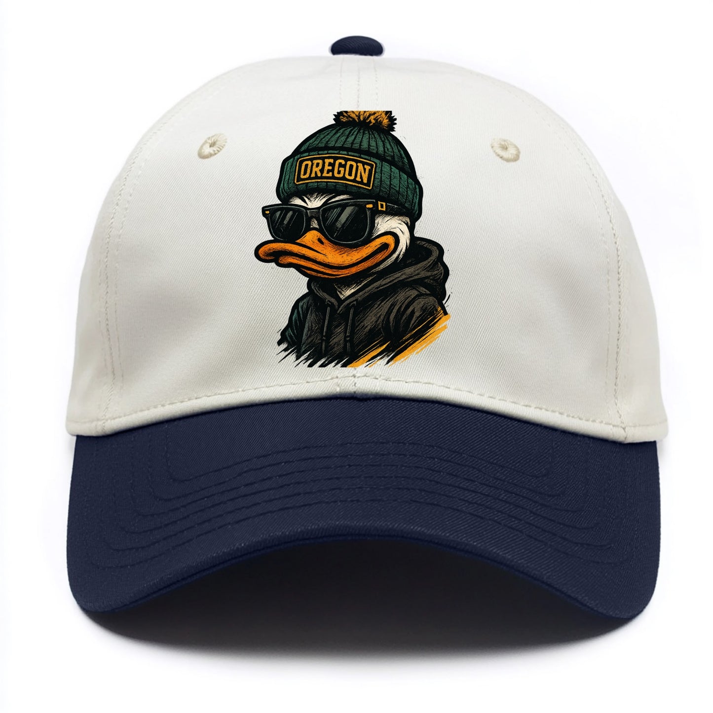 Eugene Duck wearing Oregon beanie with O patch - Two Tone Cap - Navy
