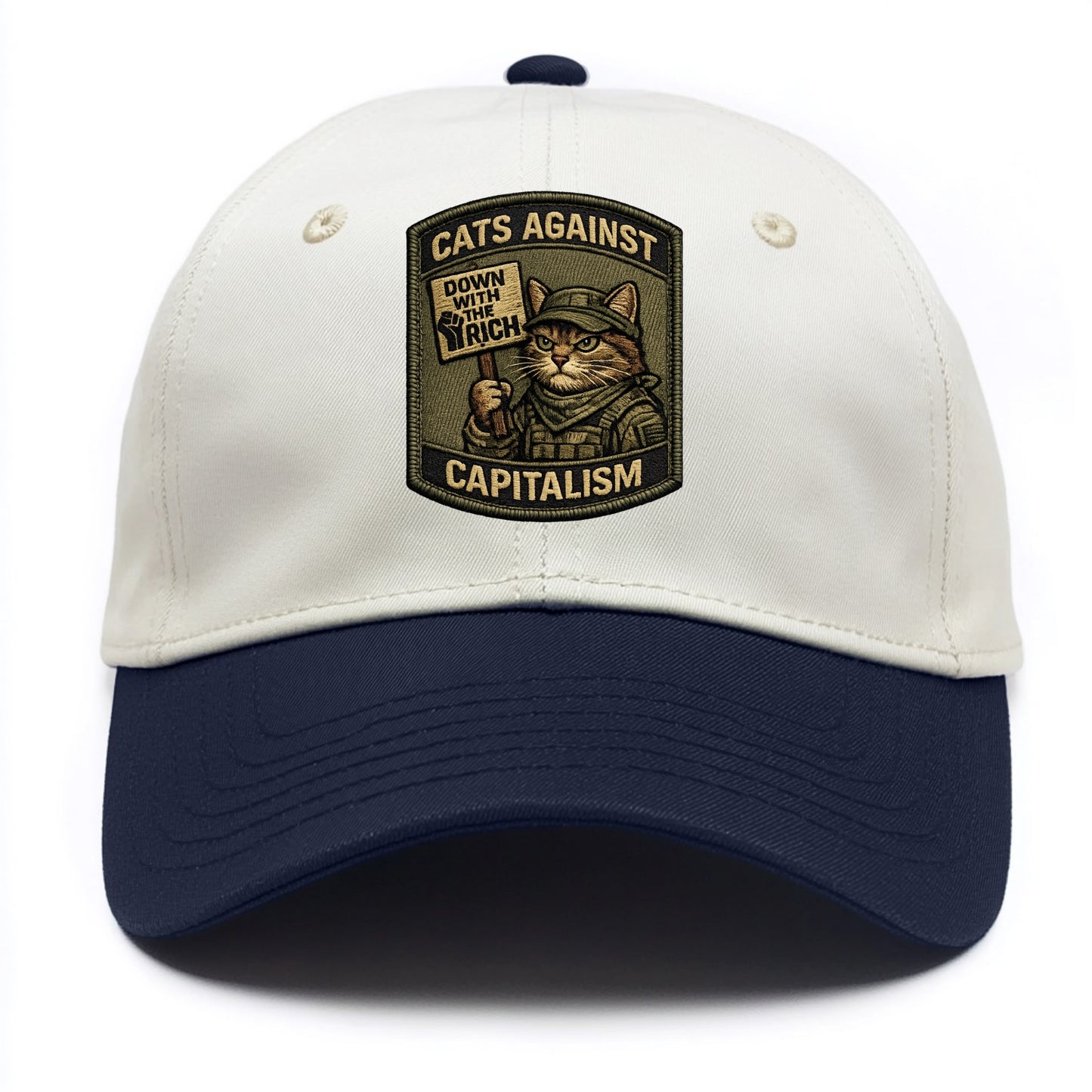 CATS AGAINST CAPITALISM - cat with protest sign in red , political cat - Two Tone Cap - Navy
