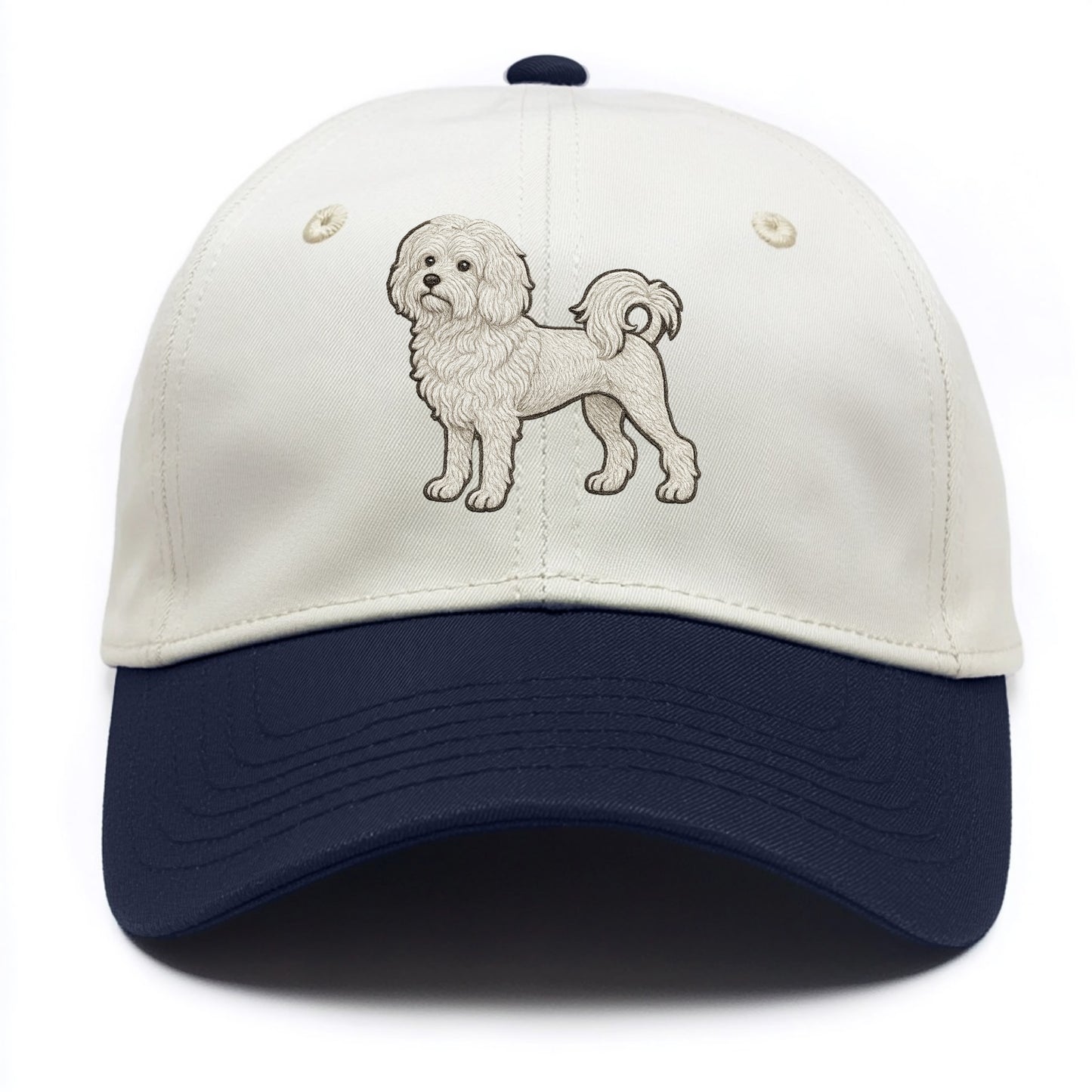 Löwchen - Little Lion Dog white embroidered pose - Two Tone Cap - Navy