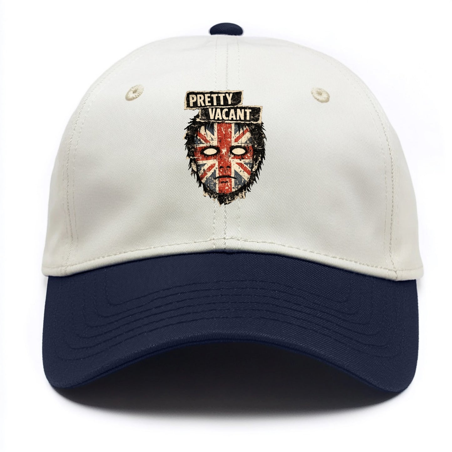 PRETTY VACANT | Blank stare Union Jack face | Empty expression | Punk nihilism | - Two Tone Cap - Navy
