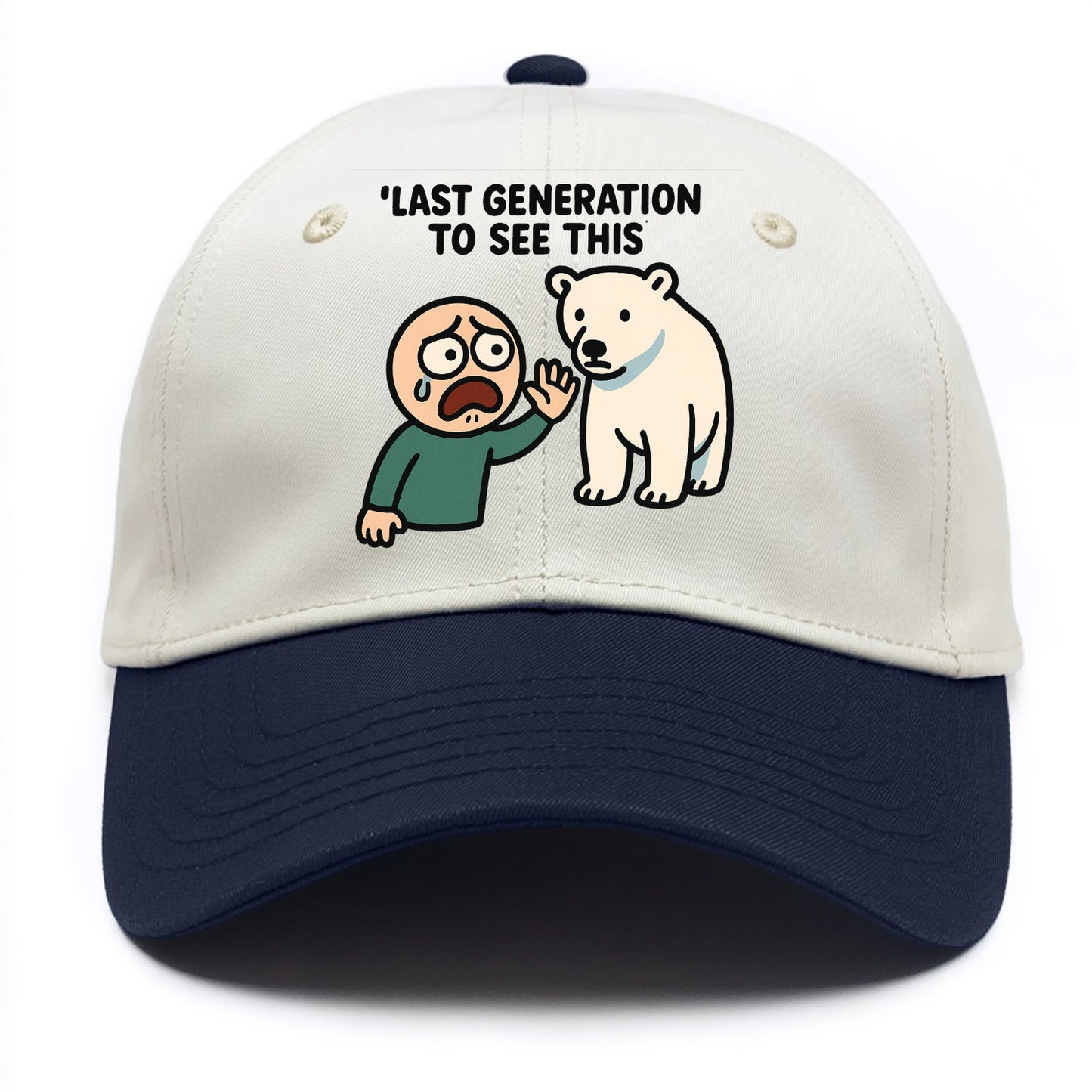 Person waving goodbye to polar bear - "Last generation to see this" - extinction - Two Tone Cap - Navy
