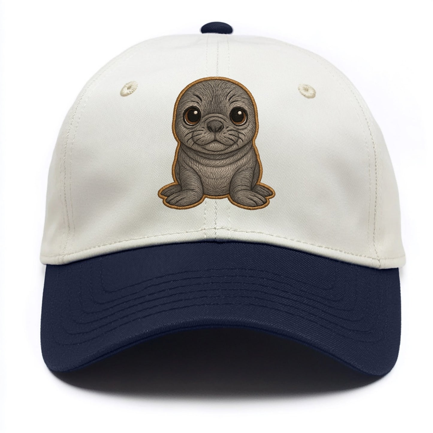 Baby Elephant Seal - gray wrinkly, tiny trunk nose, big dark eyes, front-facing, - Two Tone Cap - Navy