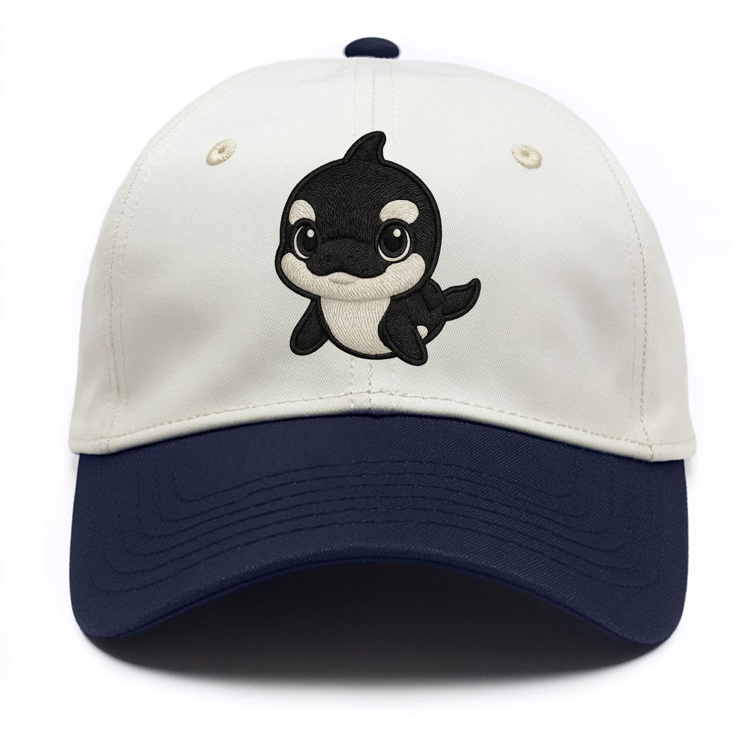 Baby Orca - black and white pattern, white eye patch, front-facing, curious and - Two Tone Cap - Navy