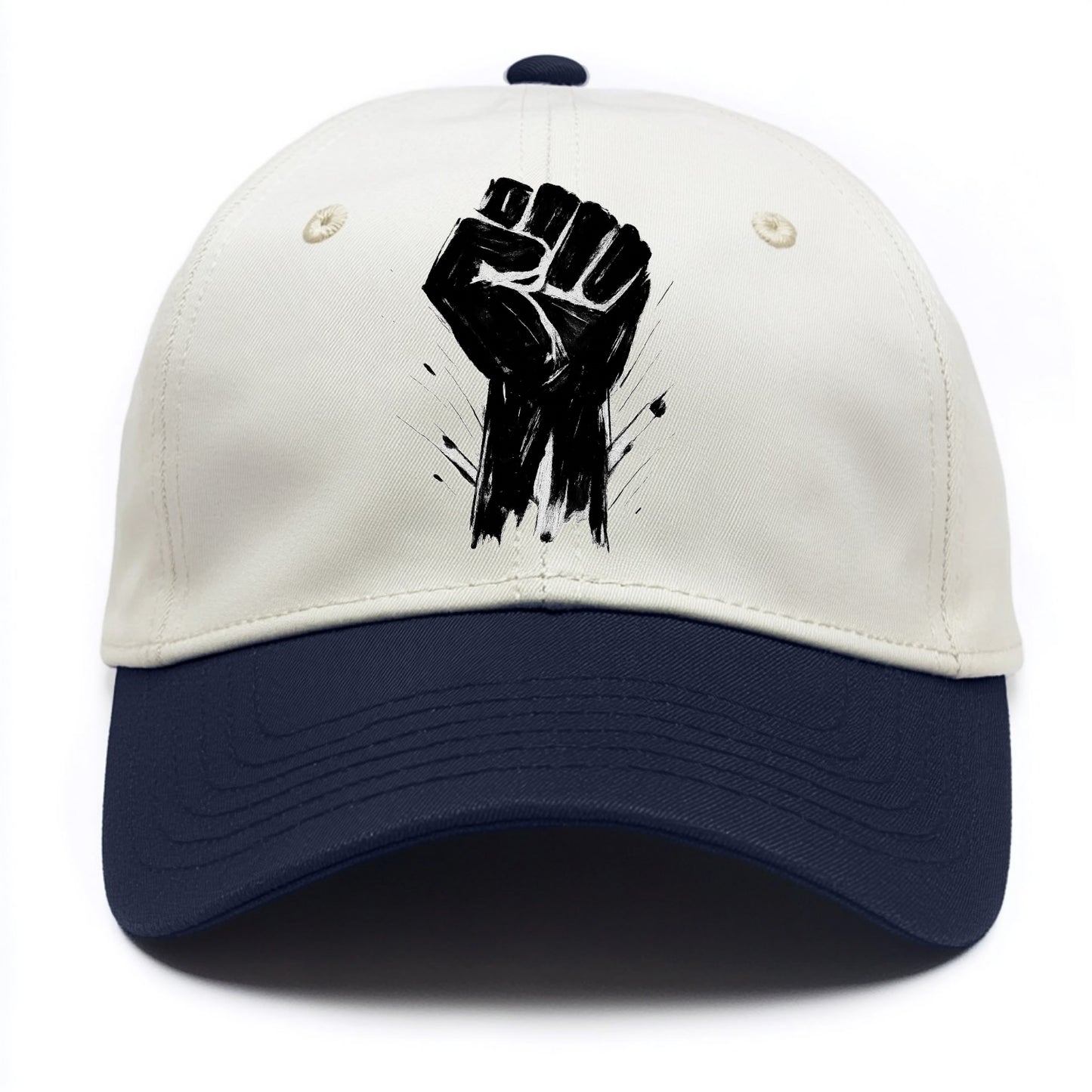 Raised fist in bold black ink brushstrokes - symbol of solidarity and resistance - Two Tone Cap - Navy