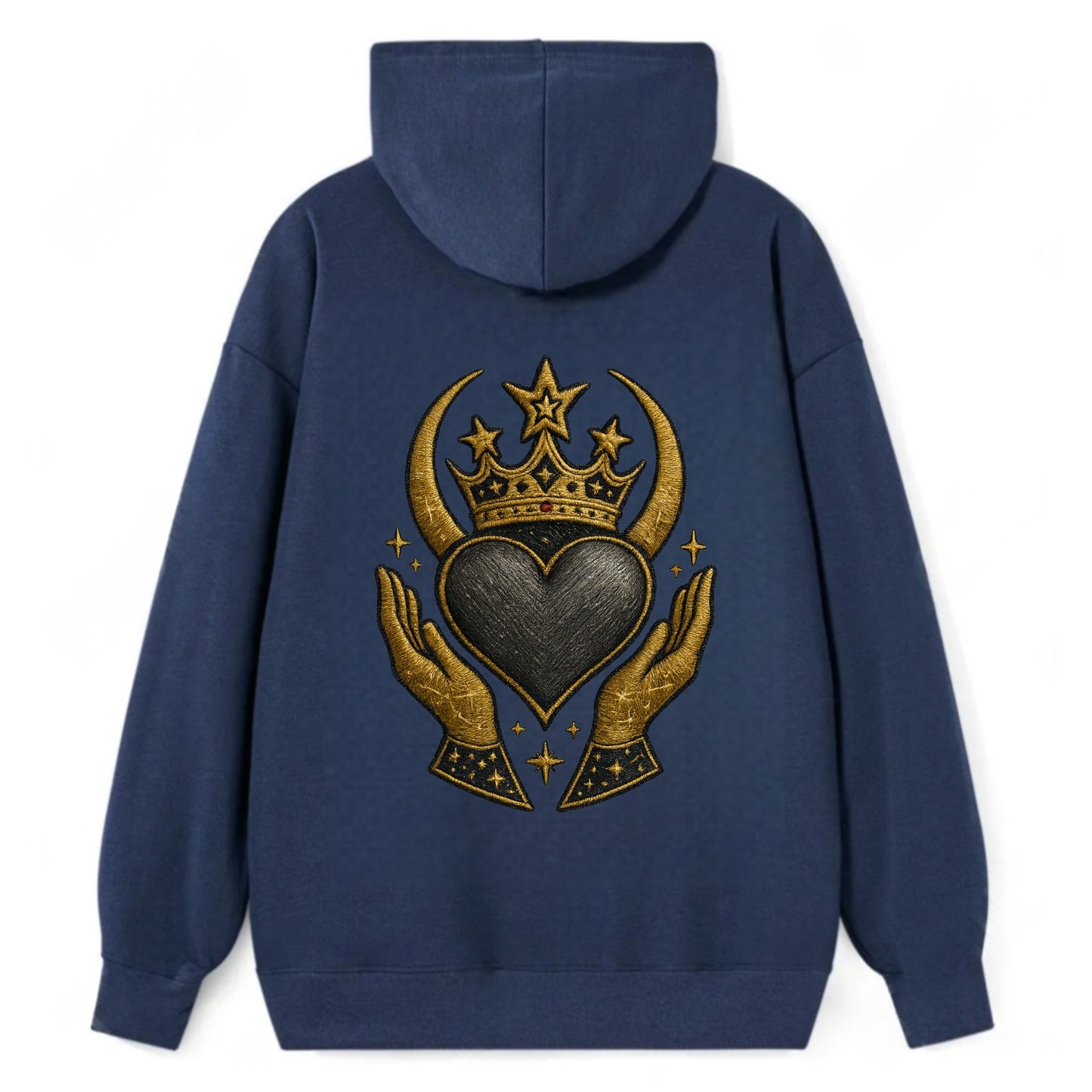 Celtic knot crown with woven strands merging into copper hands shielding - Classic Pullover Hoodie - Navy