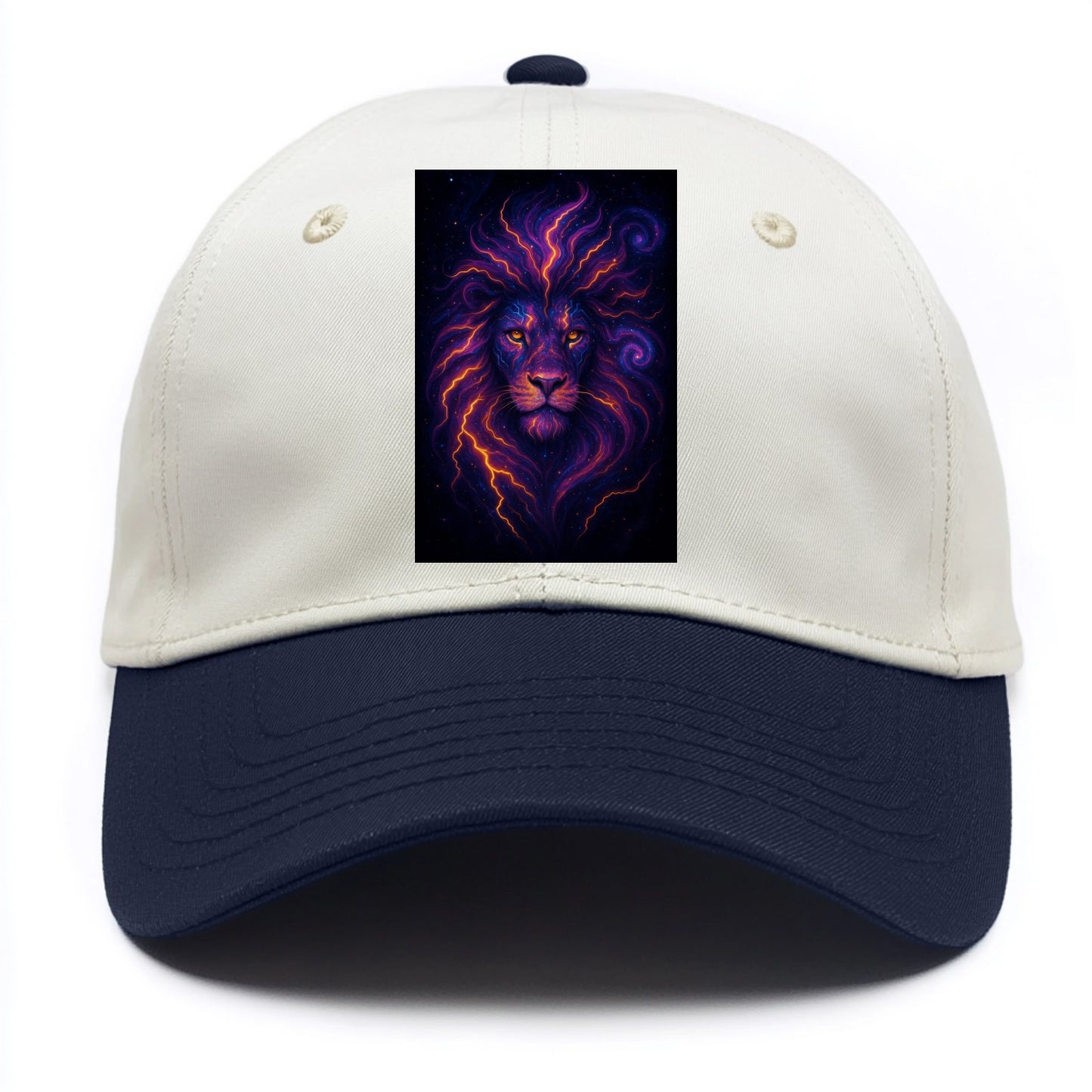 Regal lion with mane made of electric currents, neon yellow and hot pink energy - Two Tone Cap - Navy