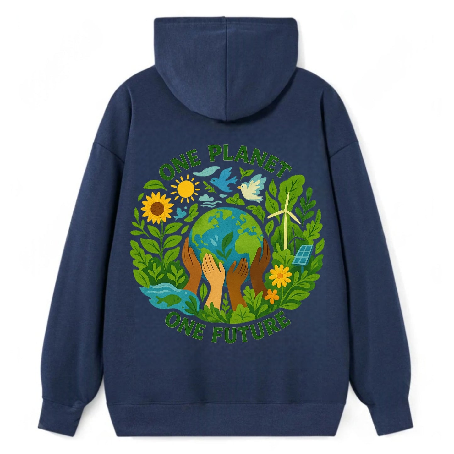 Globe surrounded by hands of all colors working together - "One Planet, - Classic Pullover Hoodie - Navy