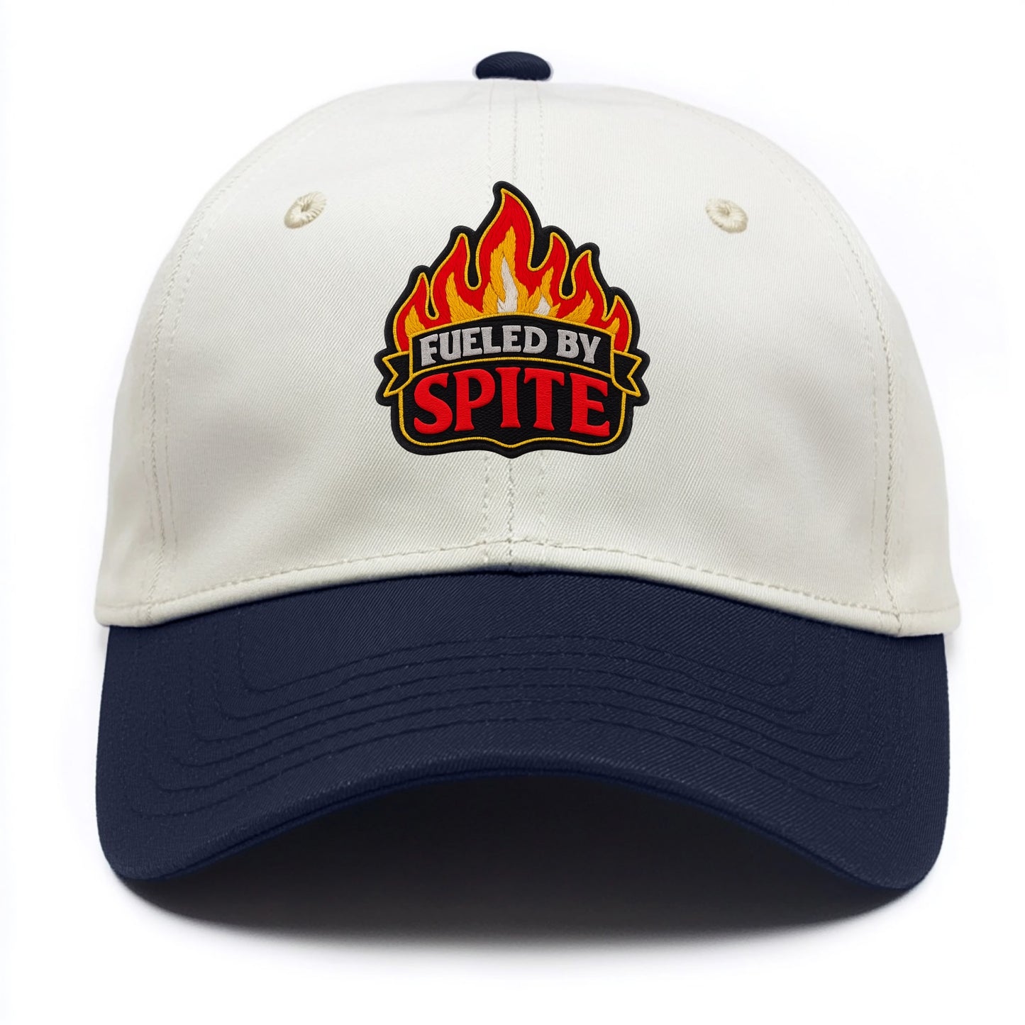 FUELED BY SPITE - fire with text in black and red , petty motivation - Two Tone Cap - Navy