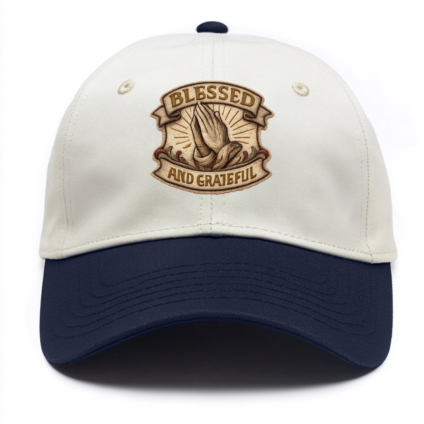 BLESSED AND GRATEFUL - praying hands with text in gold , thankful - Two Tone Cap - Navy