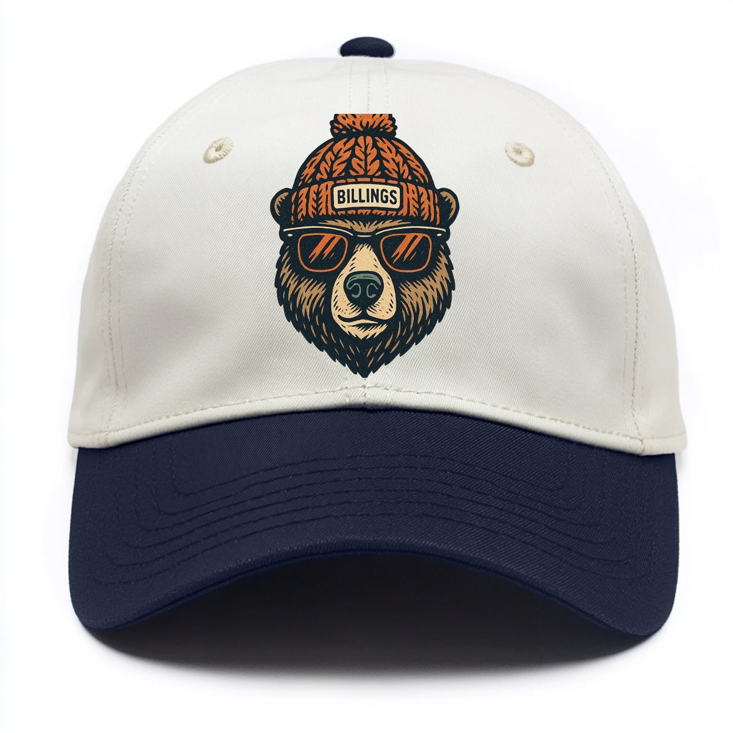 Montana Grizzly Bear wearing Billings beanie with pom pom and wayfarer sunglasses - Two Tone Cap - Navy