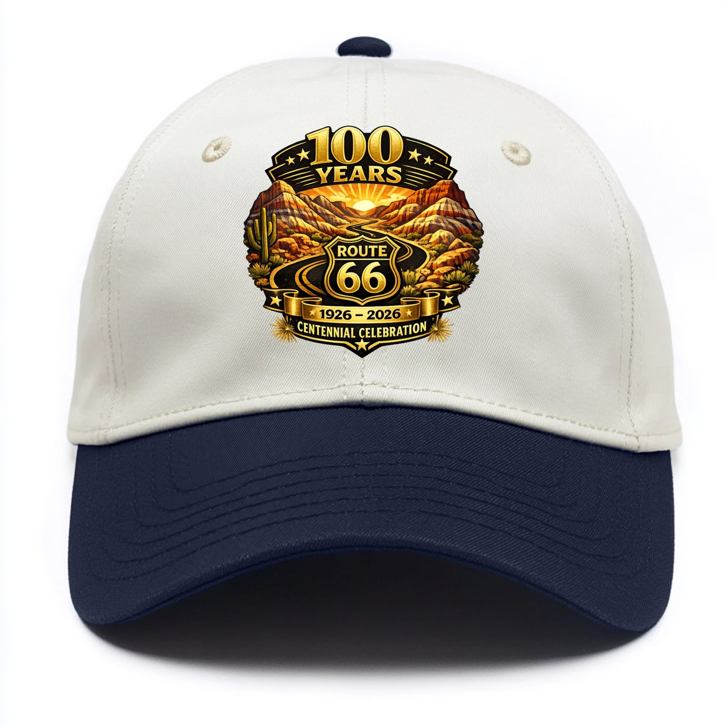 PAINTED DESERT | Colorful desert landscape | Route 66 winding through | Natural - Two Tone Cap - Navy