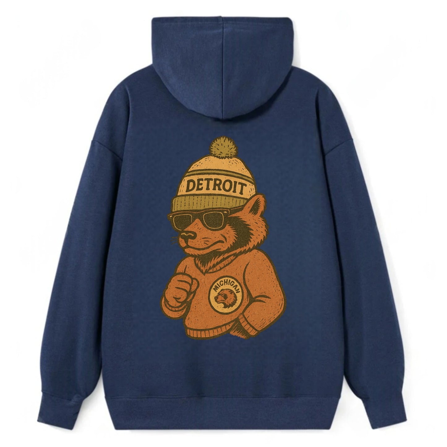 Michigan Wolverine wearing Detroit beanie with pom pom and wayfarer - Classic Pullover Hoodie - Navy