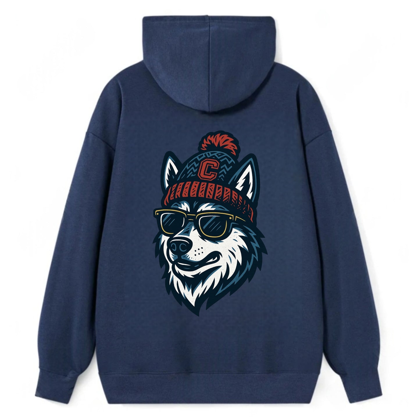 Storrs Husky wearing UConn beanie with C patch - Classic Pullover Hoodie - Navy