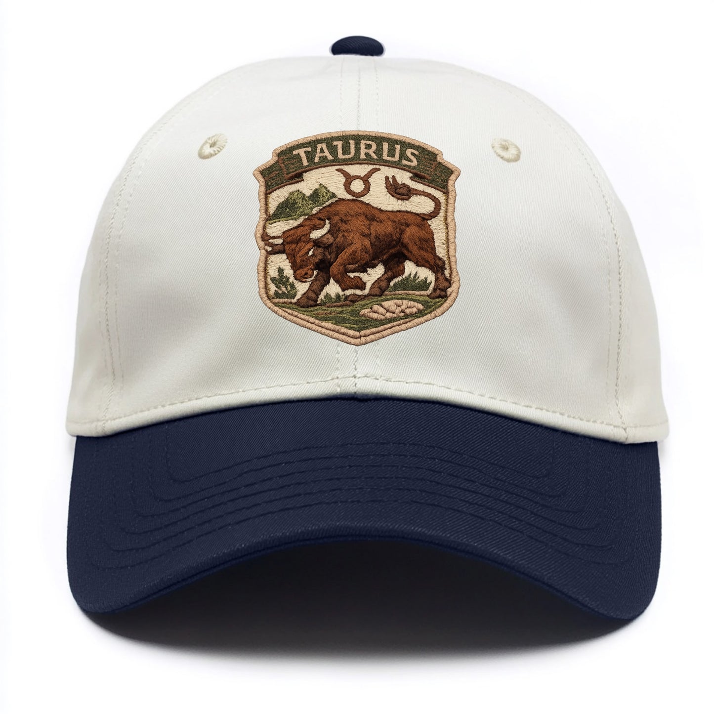 TAURUS BULL - strong bull in brown and green , earth sign - Two Tone Cap - Navy