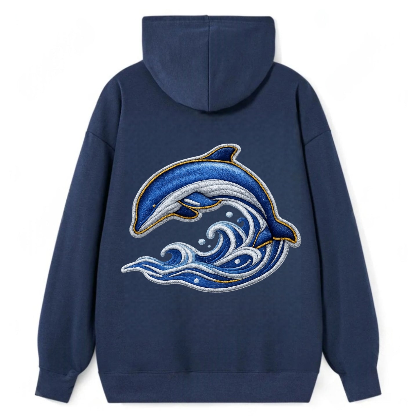 Embroidered patch design - SWIMMING DOLPHIN - diving dolphin with waves - Classic Pullover Hoodie - Navy
