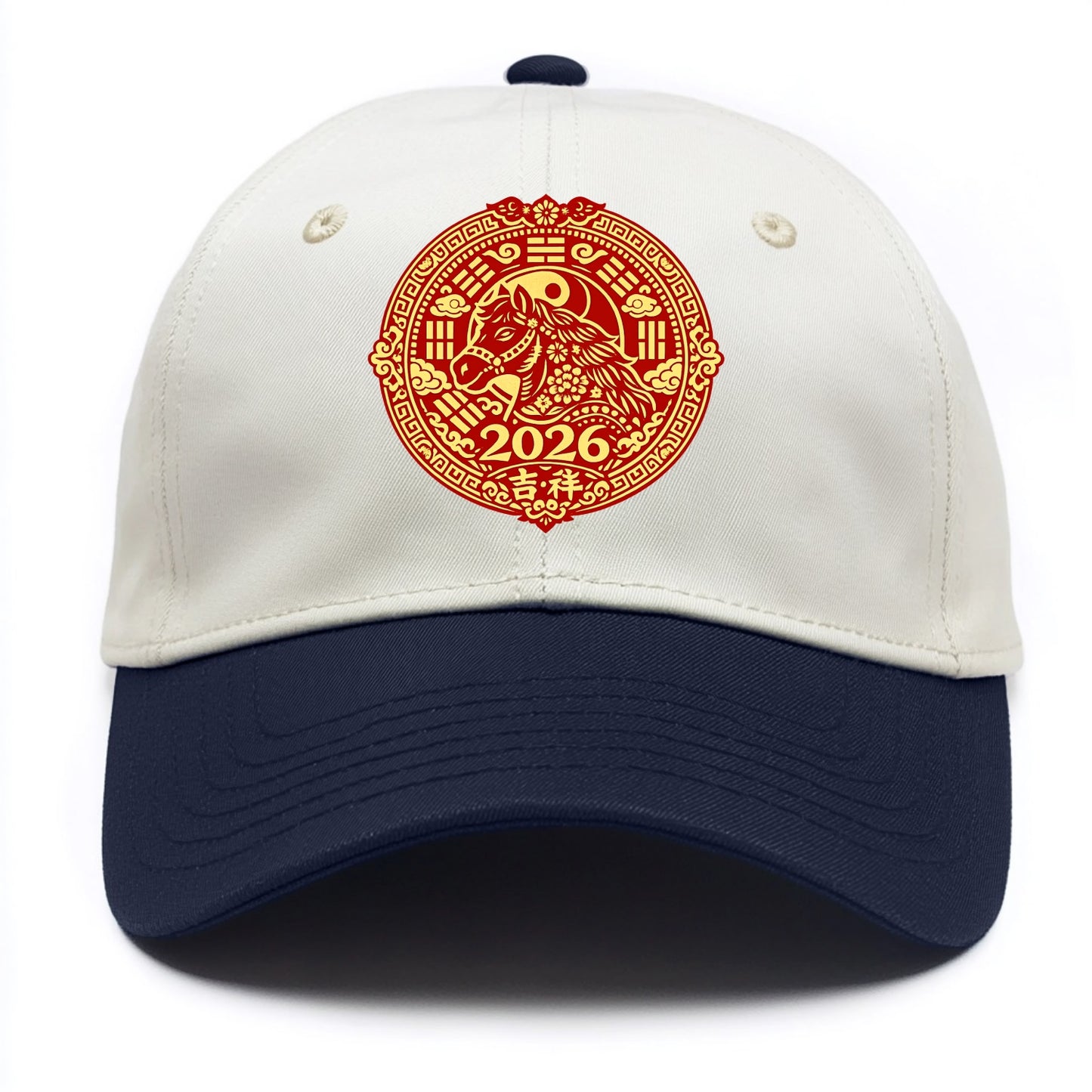 LUCKY HORSE MEDALLION | Circular medallion with horse profile | Intricate Chinese - Two Tone Cap - Navy