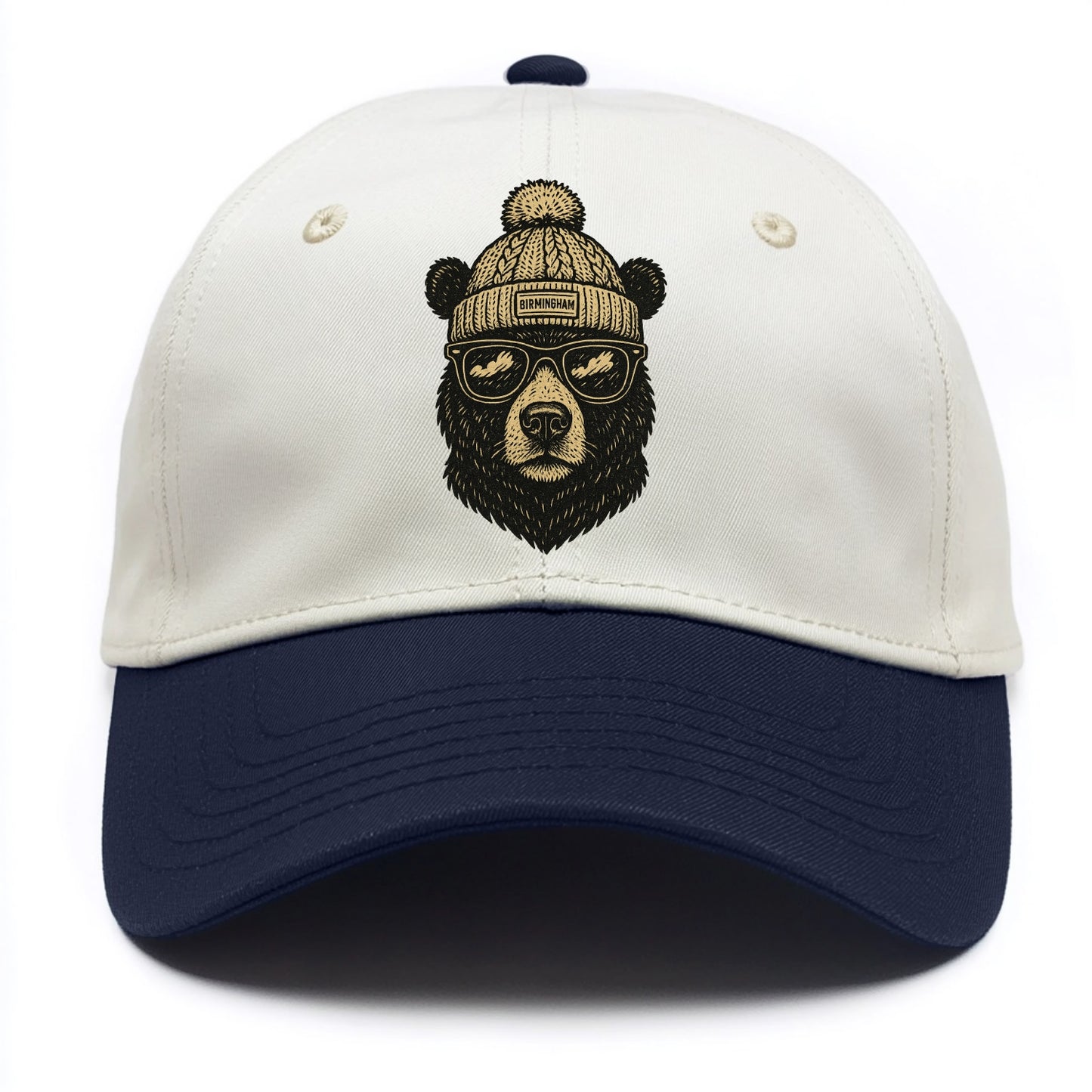 Alabama Black Bear wearing Birmingham beanie with pom pom and wayfarer sunglasses - Two Tone Cap - Navy