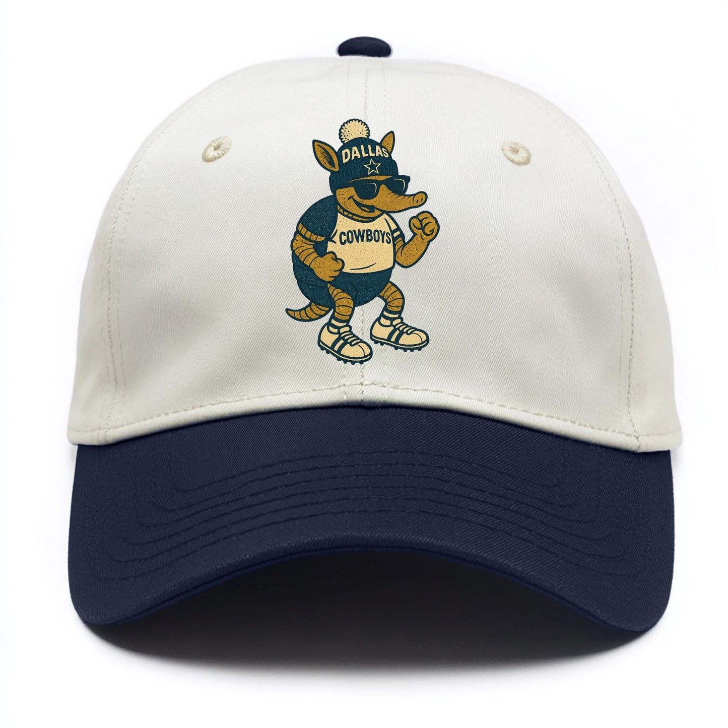 Dallas Armadillo wearing Cowboys beanie with lone star patch and wayfarer sunglasses - Two Tone Cap - Navy
