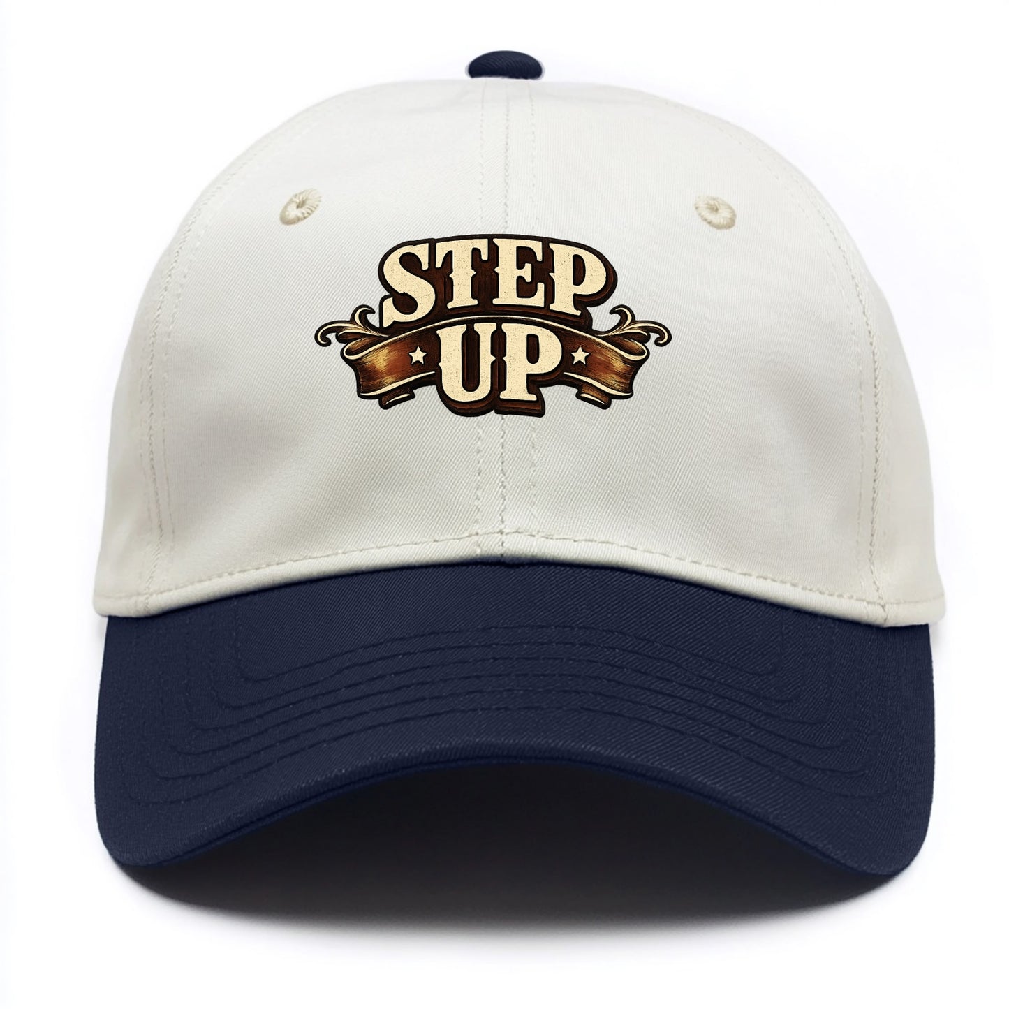 Bold typography design - "STEP UP" - rise to occasion, take charge - Two Tone Cap - Navy