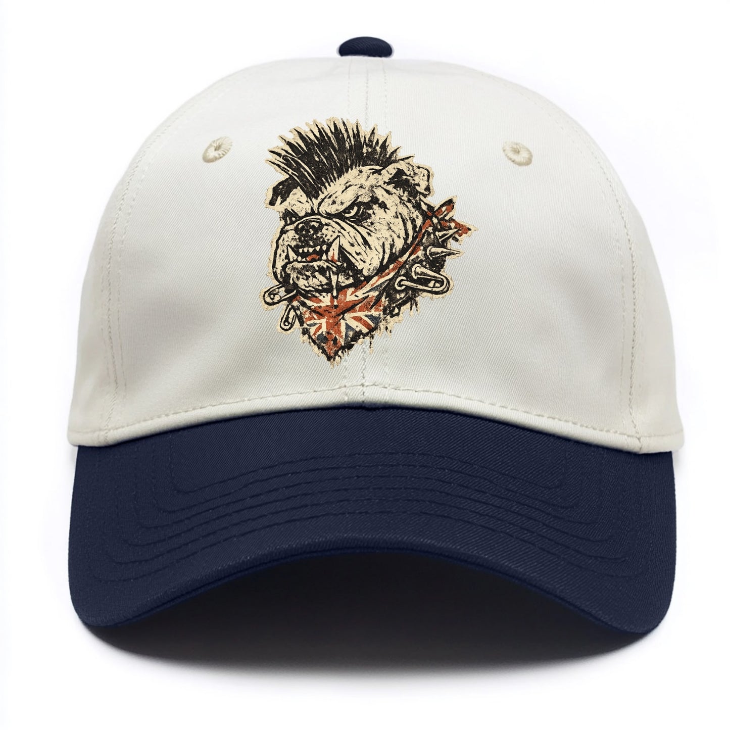 PUNK BULLDOG | British bulldog with mohawk | Safety pins through collar | Union Jack - Two Tone Cap - Navy