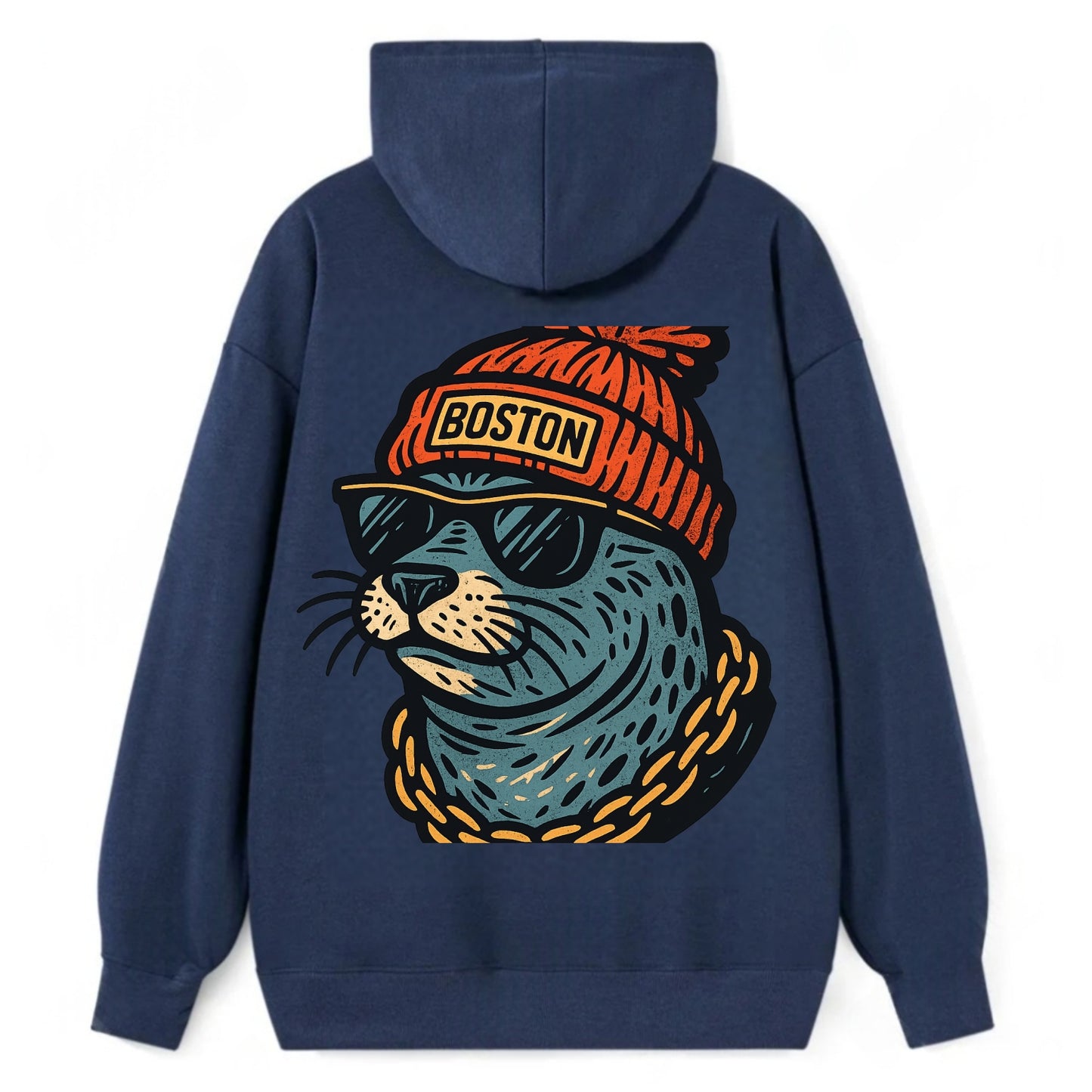 Boston Harbor Seal wearing Boston beanie with pom pom and wayfarer - Classic Pullover Hoodie - Navy