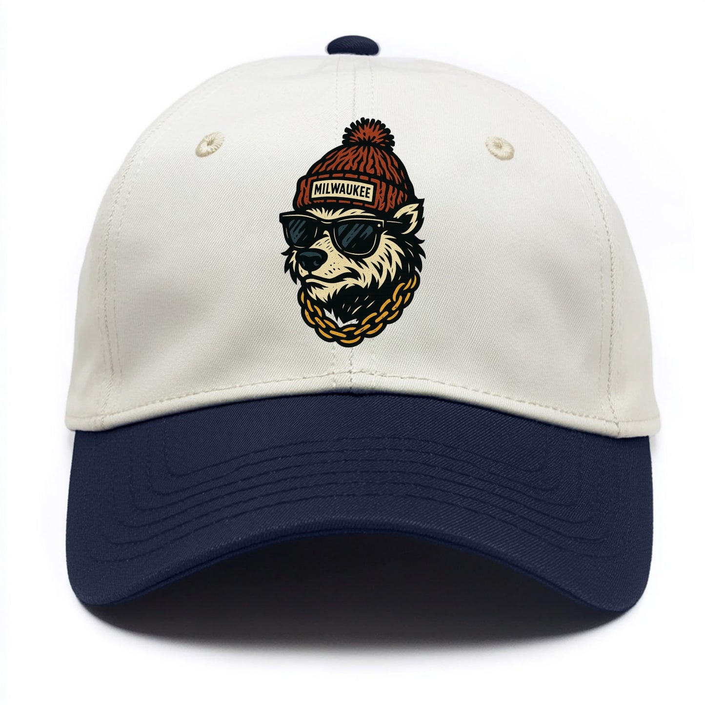 Milwaukee Badger wearing Milwaukee beanie with pom pom and wayfarer sunglasses - Two Tone Cap - Navy