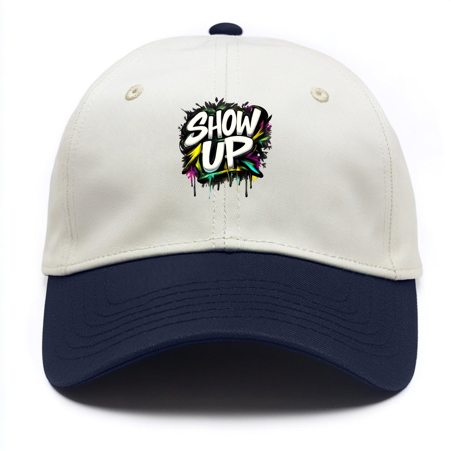 Bold typography design - "SHOW UP" - be present, arrive ready - Two Tone Cap - Navy