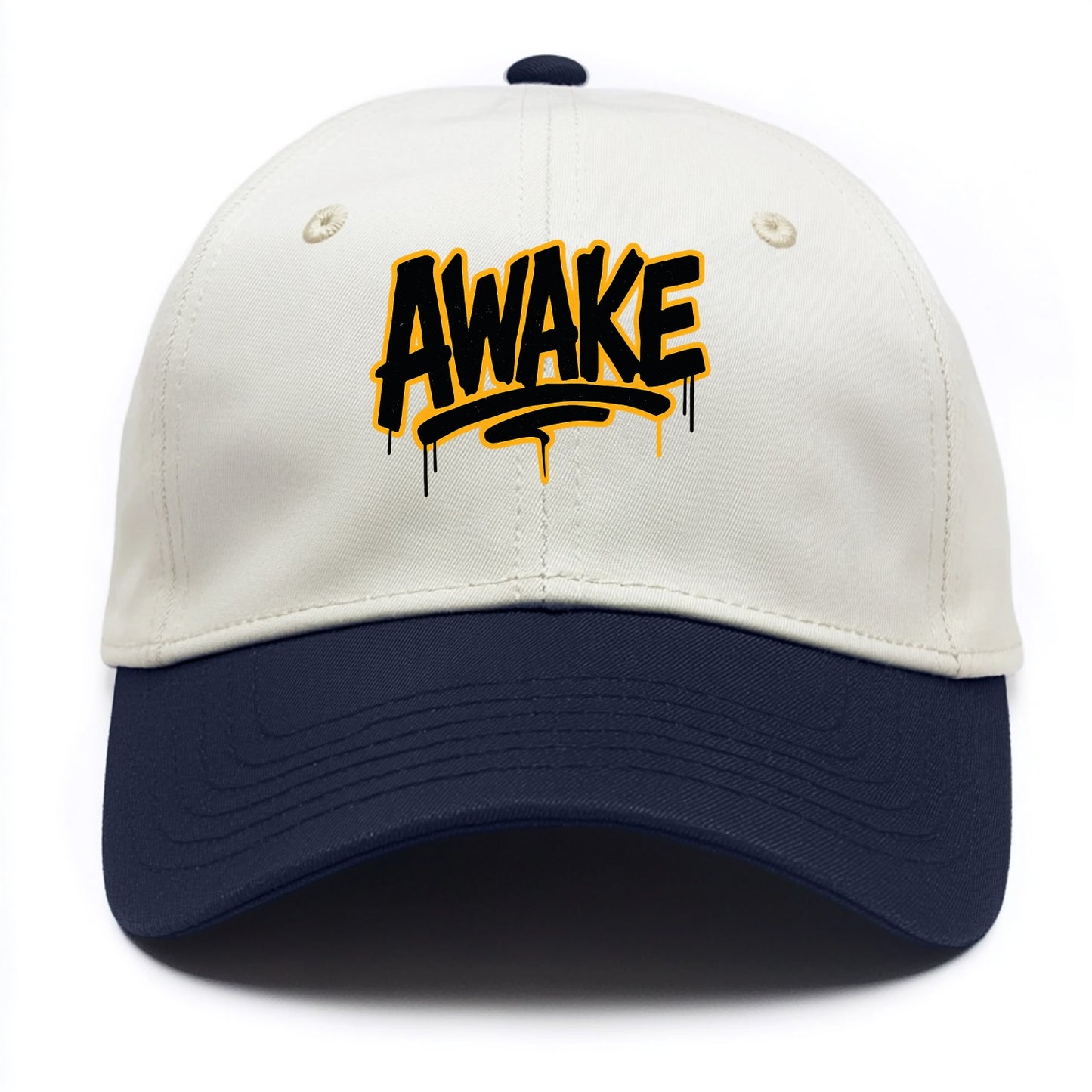 Bold typography design - "AWAKE" - conscious, aware, alert - Two Tone Cap - Navy