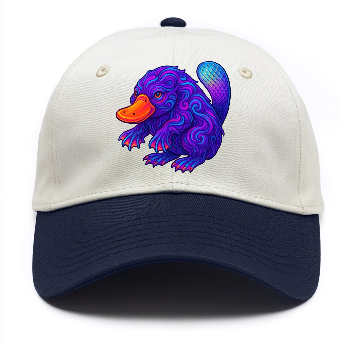 Quirky platypus with bill glowing in neon orange, beaver tail with holographic - Two Tone Cap - Navy