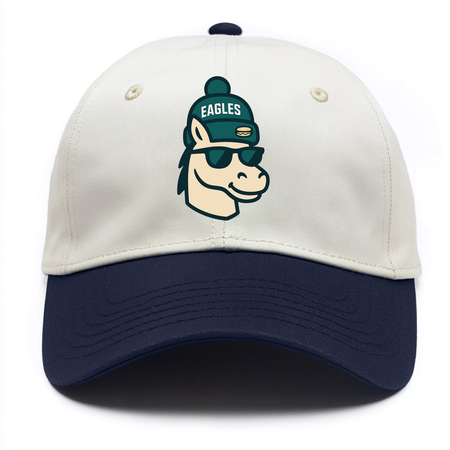 Philadelphia Horse wearing Eagles beanie with cheesesteak patch and wayfarer - Two Tone Cap - Navy