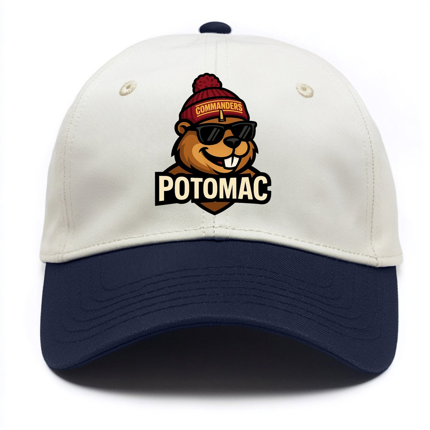 Potomac Beaver wearing Commanders beanie with monument patch and wayfarer sunglasses - Two Tone Cap - Navy